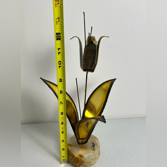 MCM Brutalist Floral Sculpture Brass Copper Signed John DeMott Onyx Base - Picture 10 of 15